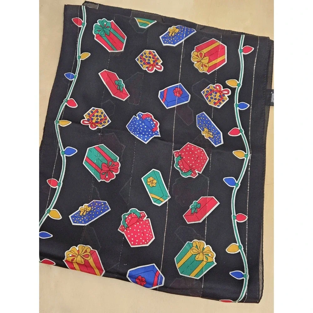 Christmas Scarf Black Sheer Lightweight Holiday Presents String Lights Wrap Vtg